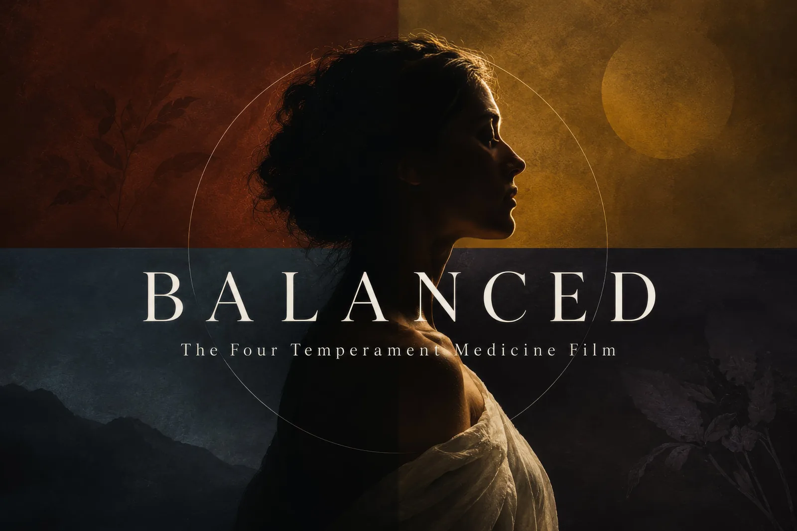 BALANCED: The Four Temperament Medicine Film. A woman in profile against four panels in the temperament colours.