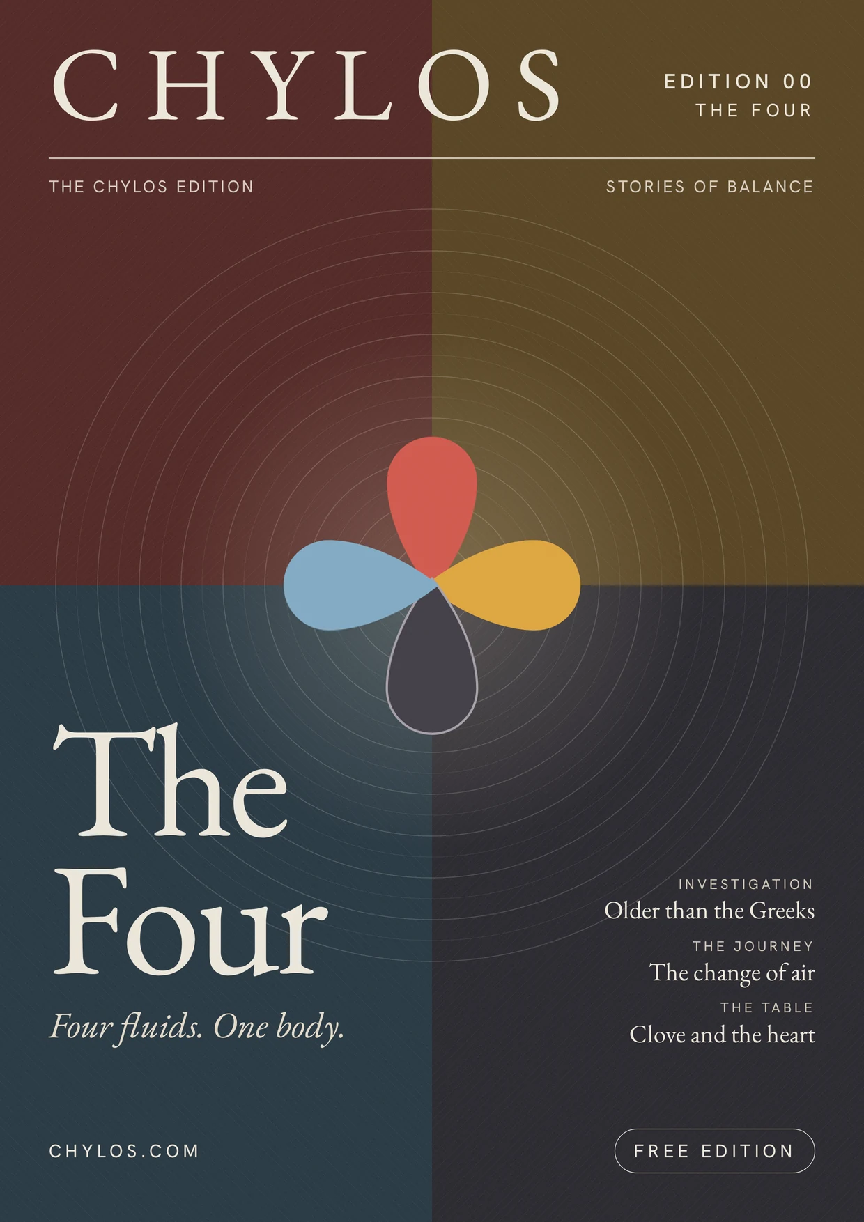 Cover of Chylos Edition 00, The Four: four drops meeting at the centre of four colour fields.