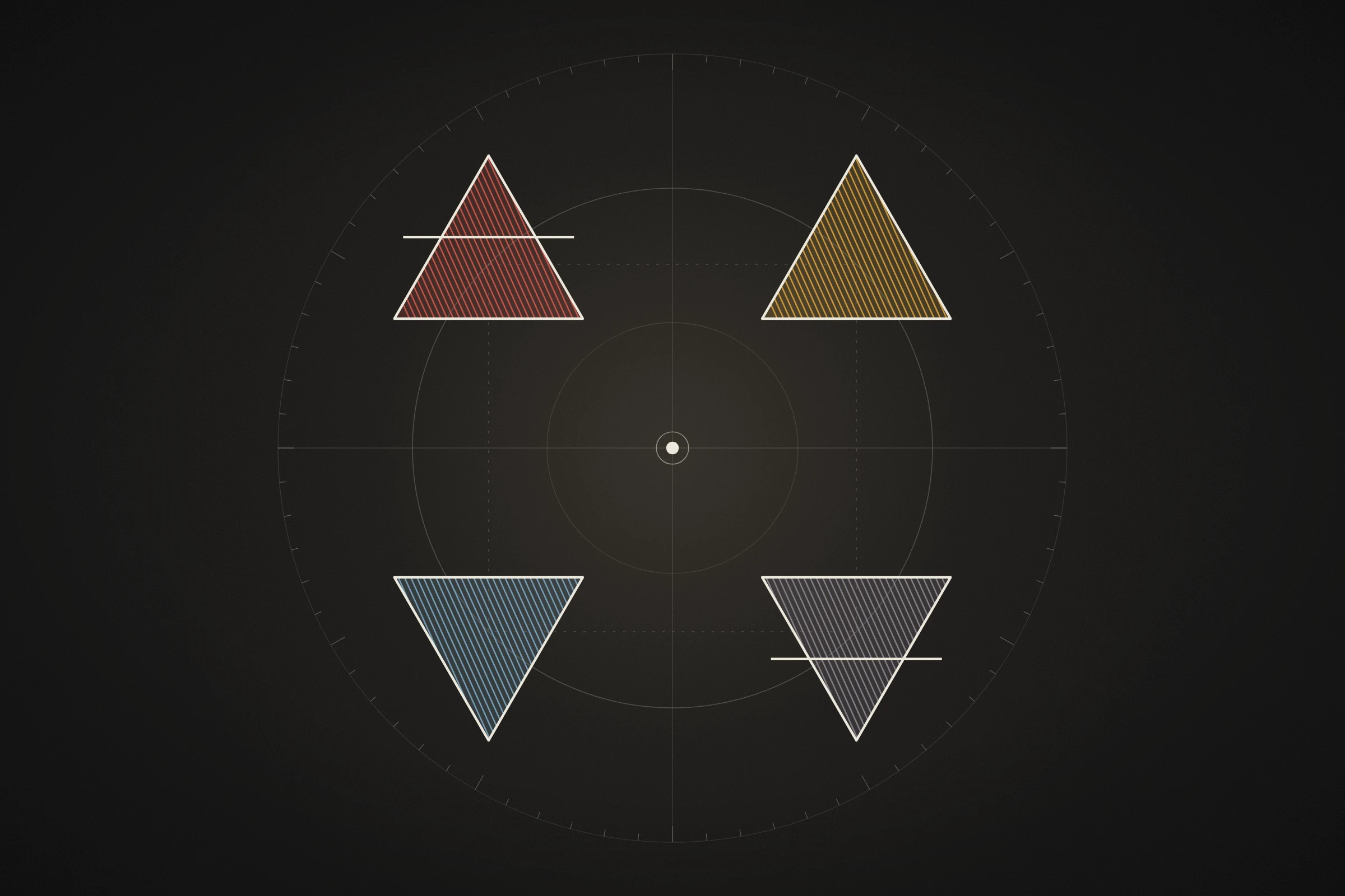 The four elements as ancient symbols: air, fire, earth and water, arranged around a single point.