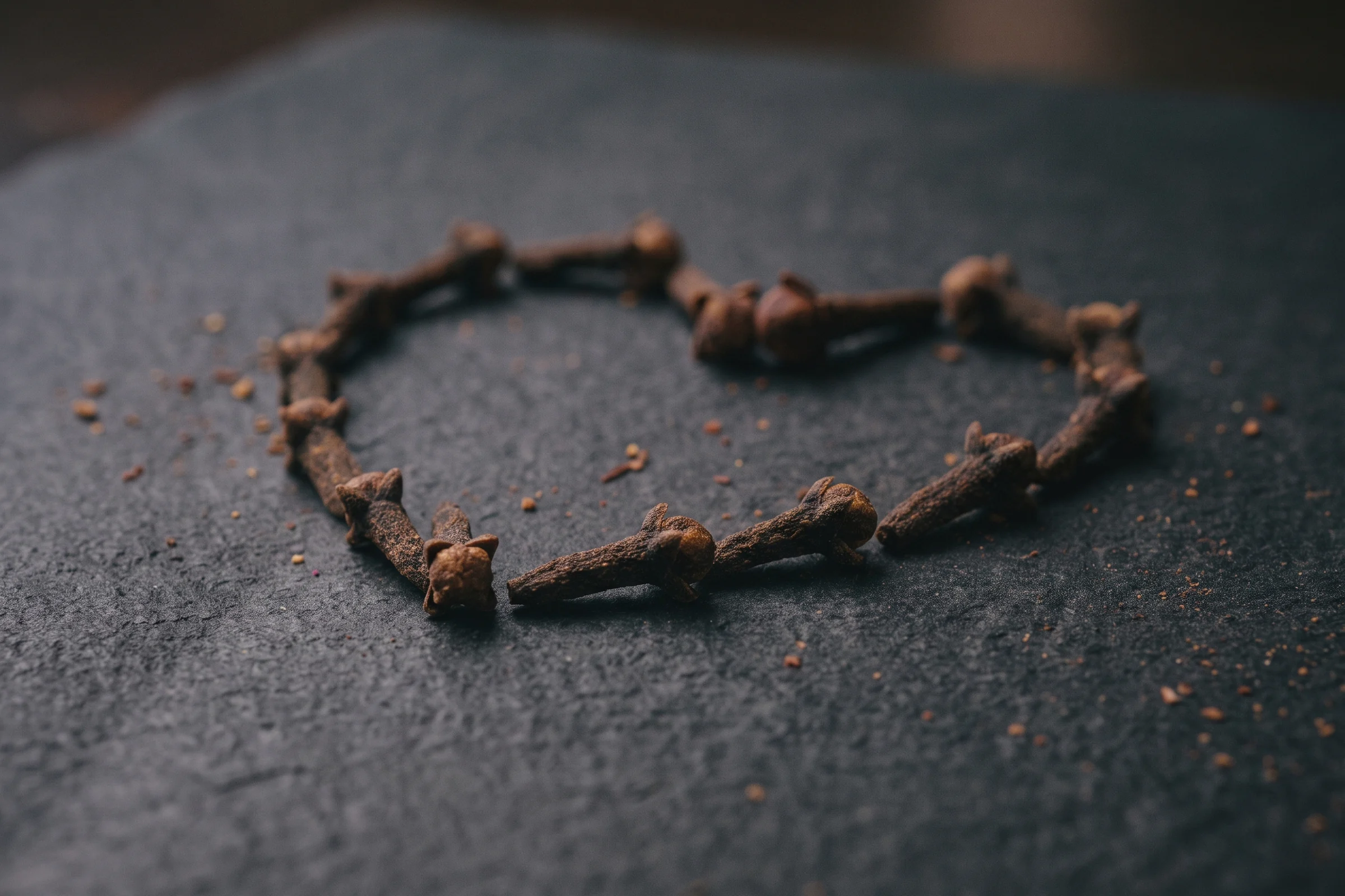 Whole cloves arranged in the shape of a heart on dark stone.