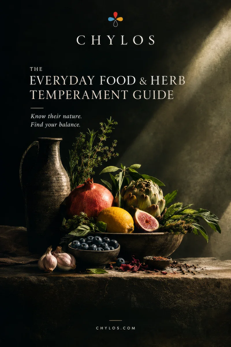 The Everyday Food and Herb Temperament Guide: a still life of pomegranate, lemon, fig, artichoke, herbs and garlic on a stone table