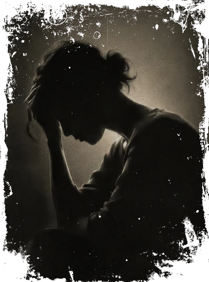 A person sitting alone in the dark, head resting in one hand.