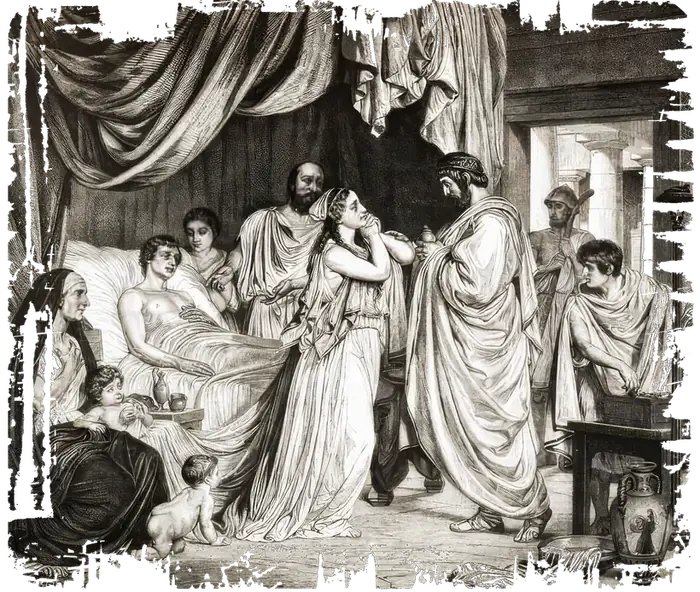 Engraving of an ancient physician at a sickbed, surrounded by the patient's family.