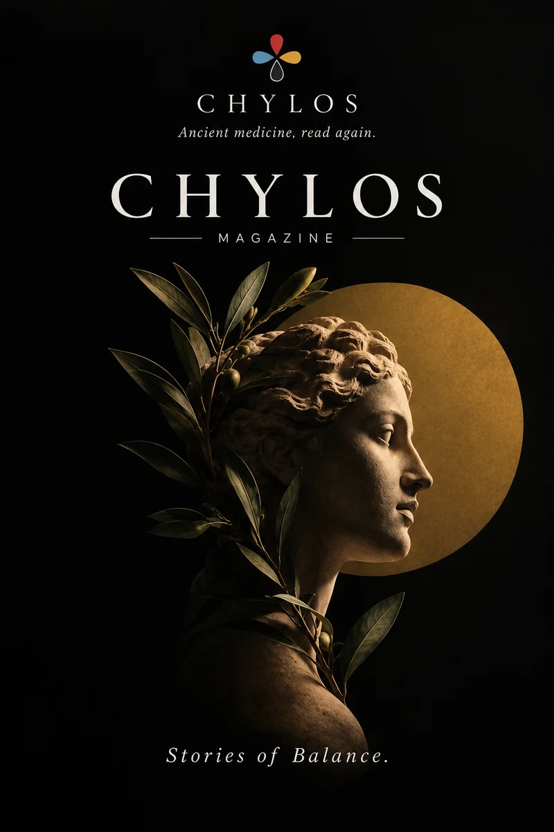 Chylos Magazine cover art: a classical statue head with an olive branch and a gold disc